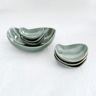 Scandinavian Hand-Painted Kidney Shaped Marbled Bowls, Glaze Burned Clay, Set of 7