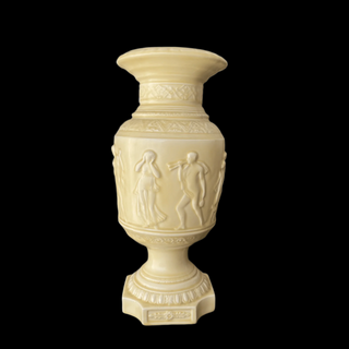 Decorative beige urn with embossed figures on a white background