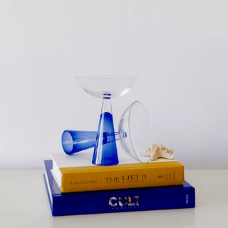 Eon Blue Long Stemmed Round Martini / Cocktail Glasses, Reversible Set of 2 BNIB