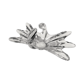 A clear French lead crystal swung vase with a sculptural centerpiece design, featuring fluid, fan-like form.