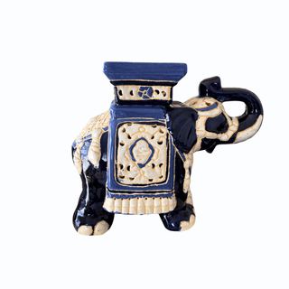 XL Mid Century Hand Painted Blue White Chinoiserie Elephant Plant Stand Jardiniere Decor