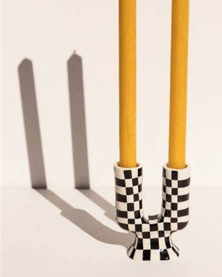 At the Table Ceramics Secondhand Checkerboard Candelabra with orange candles