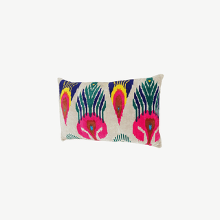 Decorative pillow with colorful feather pattern on a white background