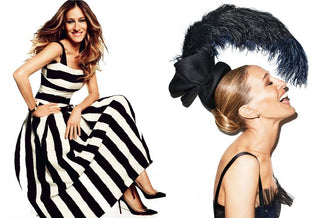 Sarah Jessica Parker, our highlight celebrity thrifter, posing in a Black and white striped dress 
