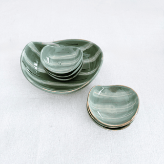 Scandinavian Hand-Painted Kidney Shaped Marbled Bowls, Glaze Burned Clay, Set of 7