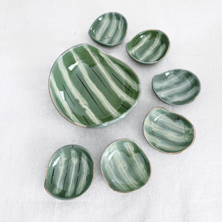 Scandinavian Hand-Painted Kidney Shaped Marbled Bowls, Glaze Burned Clay, Set of 7
