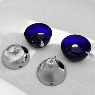 Stainless Steel and Cobalt Blue Glass Apple & Pear Preserve / Condiment Set by Morinox, Italy
