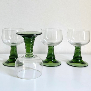 Roemer Wine Glass, Spiral Stacked Green Stem, German Bar Glass, Set of 6