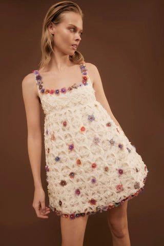 Antipodean Echo Crochet Flower Mini Dress CLOSE UP front 