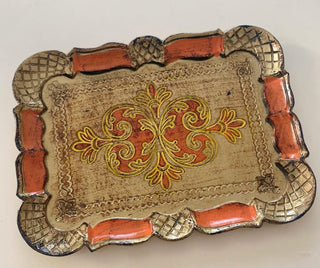 Vintage Italian Florentine Tray Decorative Gold Gild and Orange Wooden Serving Tray Rectangular