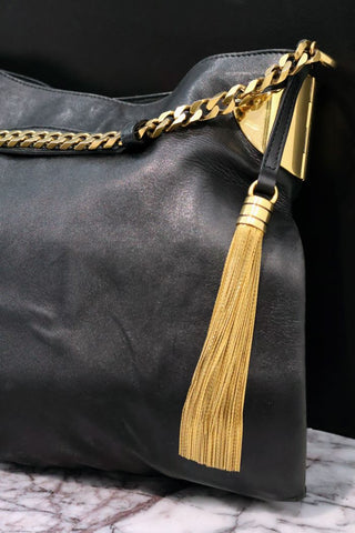 Gucci Black Leather Large Vintage 1970 Shoulder Bag Tassle Detail