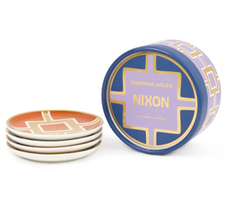 Jonathan Adler Nixon Drink Coaster set of 4 Brand New  in colours Green, Orange, Blue and Purple with Gold Gilt Detail, Brand new in box
