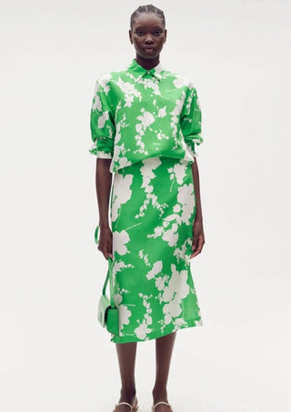 Oroton Silhouette Print Shirt and A-Line Skirt Set in Green front