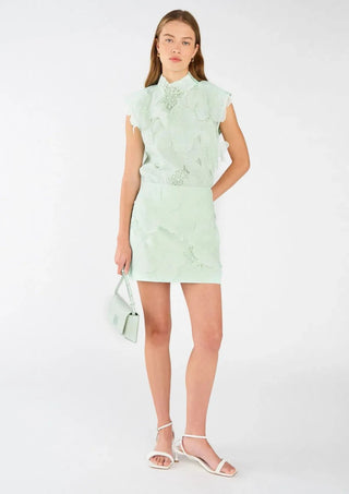 Oroton Tie Neck Lace Top and Lace Mini Skirt Set in Sea Spray
