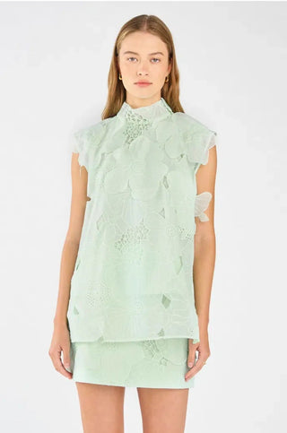 Oroton Tie Neck Lace Top and Lace Mini Skirt Set in Sea Spray untucked 