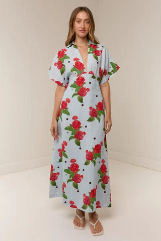 A woman modeling a light blue maxi dress with a red rose and green leaf floral print, featuring short flutter sleeves and a split neckline, set against a neutral cream-colored background.
