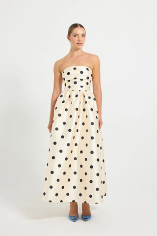 Pasduchas Dottie Strapless Midi Dress in Cream/Black