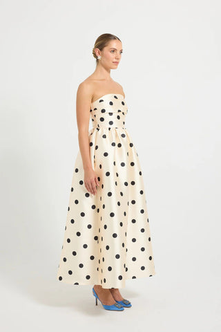Pasduchas Dottie Strapless Midi Dress in Cream/Black