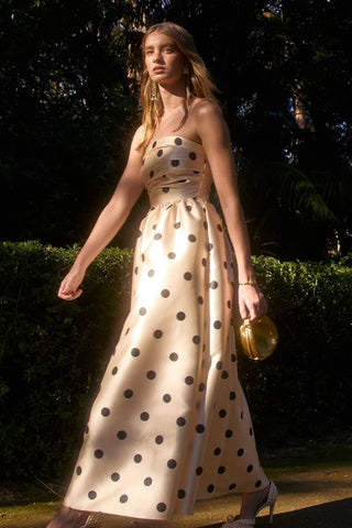 Pasduchas Dottie Strapless Midi Dress in Cream/Black