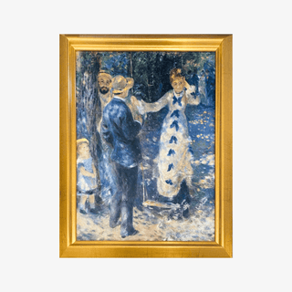 Framed painting of a family scene with a gold frame