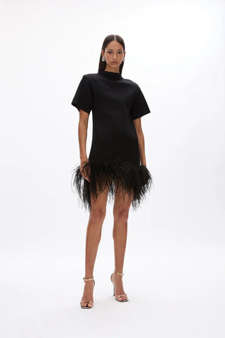 A model wearing a black short-sleeve mini dress with a feathered hem, paired with clear strap high-heeled sandals, against a plain white studio background.
