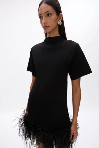 Woman wearing a black dress with feather details on a white background