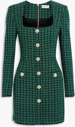 Rebecca Vallance Becca Checked Bouclé Tweed Mini Dress in Green  STOCK