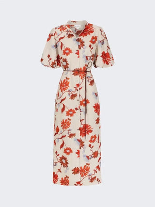 A cream-colored midi dress with a red and orange floral print, featuring puff sleeves, a pointed collar, and a matching waist tie, shown against a light gray background.