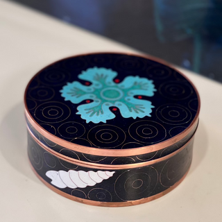 Round Sea Flower Flat Lidded Trinket Box in Cloisonne by Fabienne Jouvin Paris