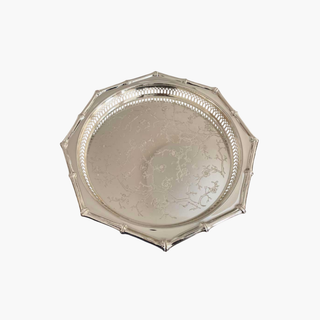 Vintage Silver Plated Viners Octagonal Gallery Drinks Tray Featuring Faux Bamboo Edging Arched Piercing