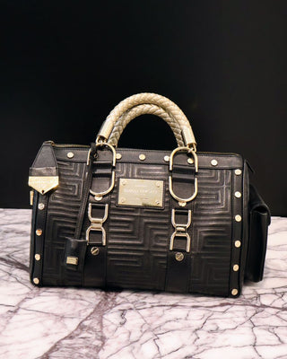 Versace Black & Gold Studded Leather Greca Quilted Tote Preloved Designer Handbag
