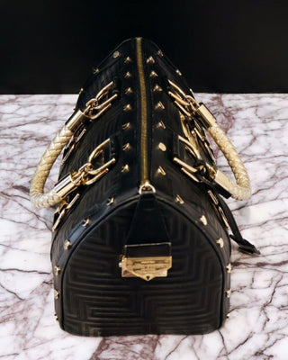 Versace Black & Gold Studded Leather Greca Quilted Tote Preloved Designer Handbag Side View