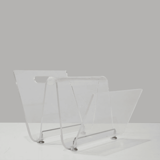 Vintage Italian Clear Lucite and Chrome Two Part Modernist Magazine Stand