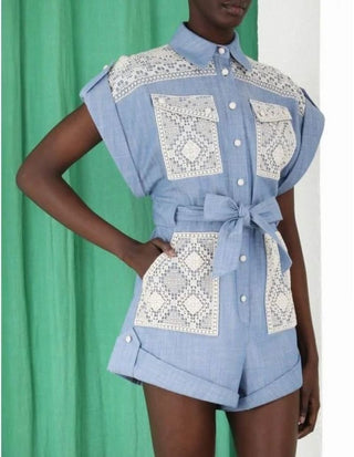 Zimmermann Blue Denim Playsuit With Belt close up