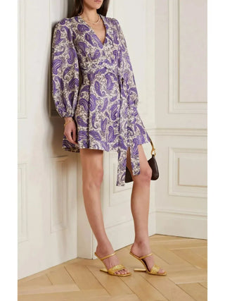 Zimmermann Devi Linen Mini Wrap Dress Paisley Print