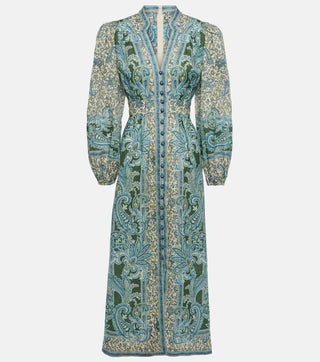 Zimmermann Ottie Plunge paisley linen midi dress Close UP Stock