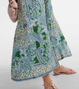 Zimmermann Ottie Plunge paisley linen midi dress Close UP of skirt