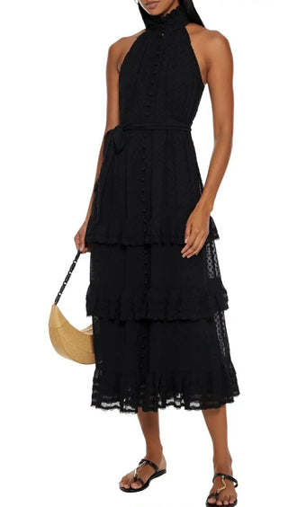 Zimmermann Tiered Belted Plissé-Trimmed Fil Coupé Chiffon Midi Dress In Black front