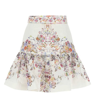 Zimmermann Prima Gathered Printed Linen Mini Skirt