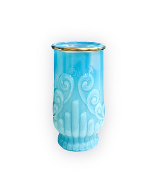 Vintage Windsong Embossed Vanity Blue Milk Glass Vase, Manganese Glow