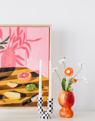 Libby Haines Original Oil on Canvas Painting Titled ‘Flowers + Citrus’ styled with home decor