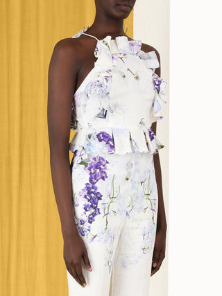 Zimmermann Pinafore White Floral Jumpsuit for Hire. Close up