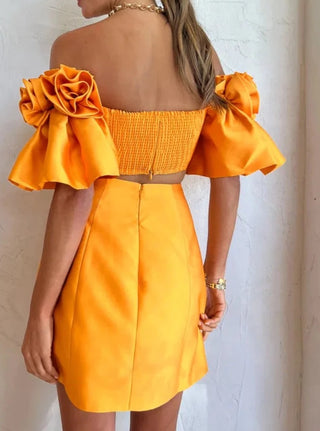 Alemais Macie Rosette Saffron Orange Mini Dress for Hire, Back