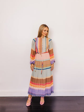Zimmermann Rainbow Striped Crepe De Chine Midi Dress for Hire