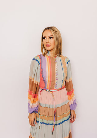 Zimmermann Rainbow Striped Crepe De Chine Midi Dress for Hire. Close up