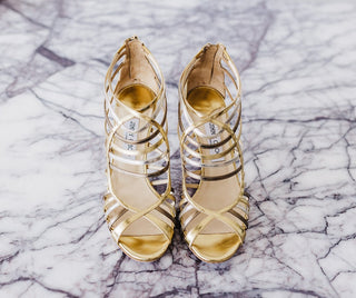 Jimmy Choo Gold Silver Leather Cage Sandal Heels in Very Good Used Condition