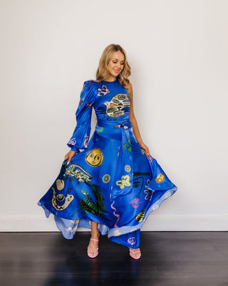 Alemais Soleil One Shoulder Blue Midi Dress for Hire, Front